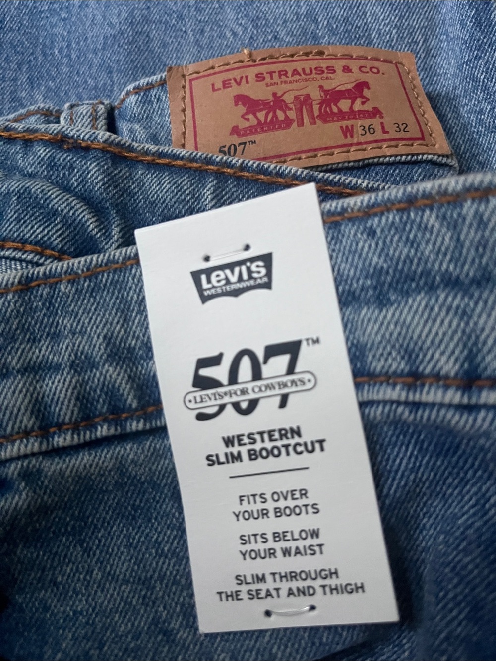 Levi's 507 Western Slim Bootcut Jeans - Light Blue with Brown Patch